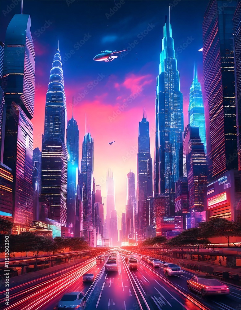 Obraz premium Glowing Futuristic Cityscape with Neon-Lit Skyscrapers, Flying Cars, and Bustling Streets