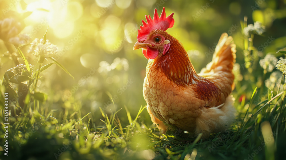 Fototapeta premium Sunlit rooster in lush green field with sunflare and flowers
