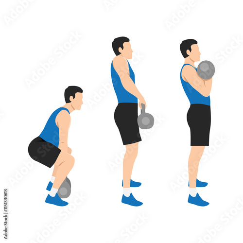Man doing Double kettlebell dead clean exercise. Flat vector illustration isolated on white background
