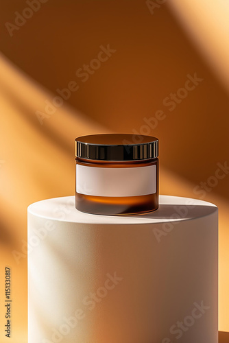 Photo of product branding concept, symbolic still life of a sleek cosmetic jar with a minimalist label design, isolated on a solid Mocha Moose studio background with ample copy space  photo