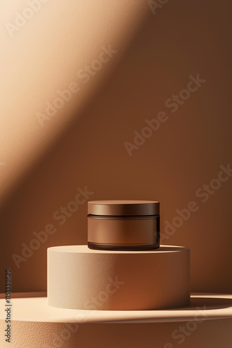 Photo of product branding concept, symbolic still life of a sleek cosmetic jar with a minimalist label design, isolated on a solid Mocha Moose studio background with ample copy space  photo