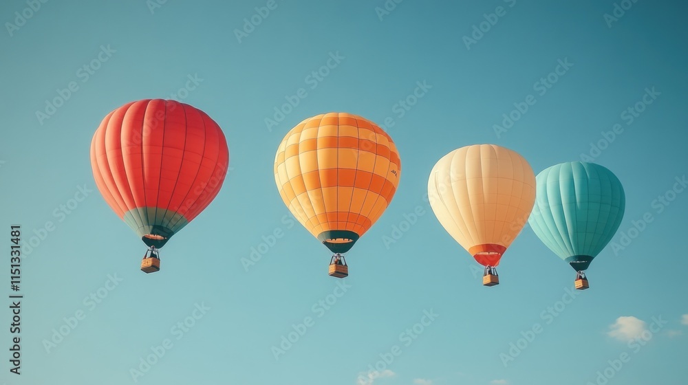 Naklejka premium Four colorful hot air balloons float in a clear sky.