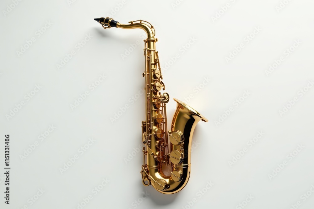 Naklejka premium Sleek gold saxophone positioned centrally on a pristine white surface, golden saxophone, white background