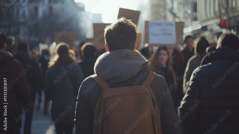 A man walking in a crowd of people during a protest A man walking in a crowd of people during a protest