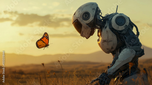 Futuristic robot interacting with butterfly at sunset in serene field setting