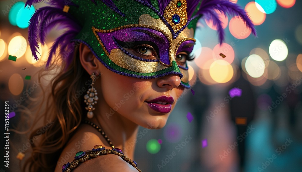 Elegant woman in festive mask with vibrant bokeh background, perfect for Mardi Gras Elegant woman in festive mask with vibrant bokeh background, perfect for Mardi Gras