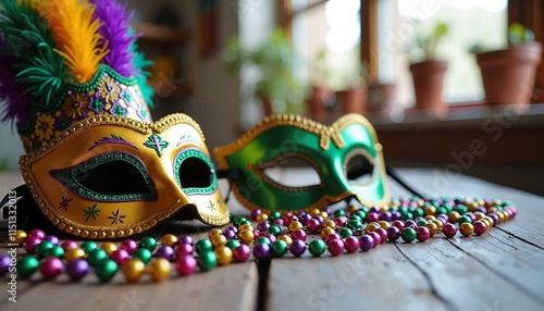 Vibrant Mardi Gras masks with beads on rustic table; celebration theme, festive decoration photo