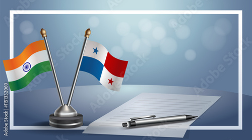 India and Panama National flags on small table with bokeh background, cooperative relationship