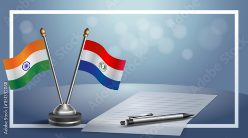 India and Paraguay National flags on small table with bokeh background, cooperative relationship