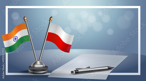 India and Poland National flags on small table with bokeh background, cooperative relationship