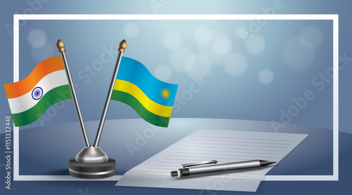 India and Rwanda National flags on small table with bokeh background, cooperative relationship