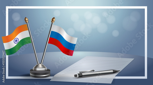 India and Russian National flags on small table with bokeh background, cooperative relationship