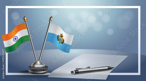 India and San Marino National flags on small table with bokeh background, cooperative relationship