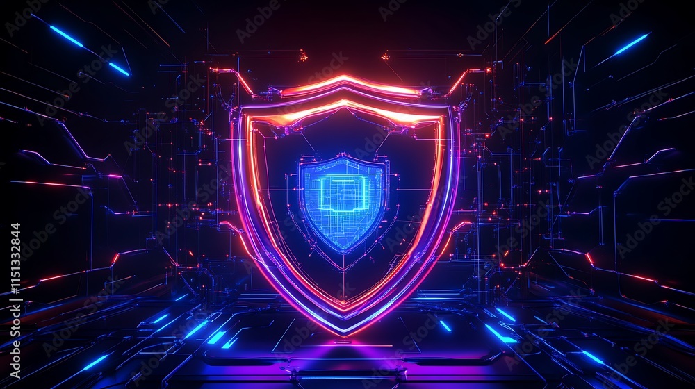 Neon Shield Concept in Futuristic Digital Space Representing Cyber Security and Protection Technology Neon Shield Concept in Futuristic Digital Space Representing Cyber Security and Protection Technology