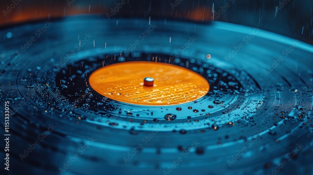 Rain-soaked vinyl record, orange label. Rain-soaked vinyl record, orange label.