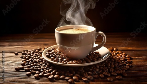 Steaming Cup of Coffee in a Ceramic Mug Surrounded by Scattered Coffee Beans on Dark Wood