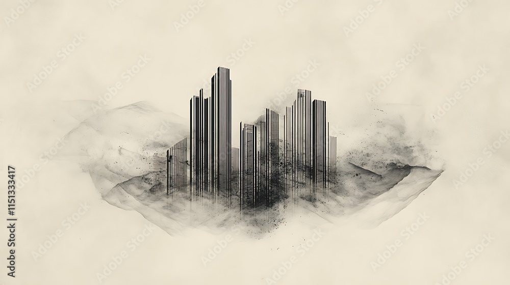 Fototapeta premium Abstract city skyline sketch on a hazy background.