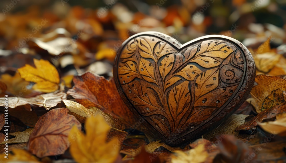 Ornate wood-carved heart nestled on a layer of autumnal leaves, Ornate wood-carved heart nestled on a layer of autumnal leaves,