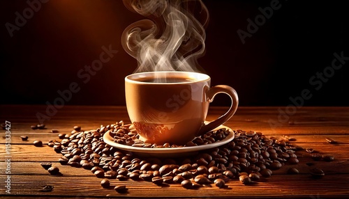 Steaming Cup of Coffee in a Ceramic Mug Surrounded by Scattered Coffee Beans on Dark Wood