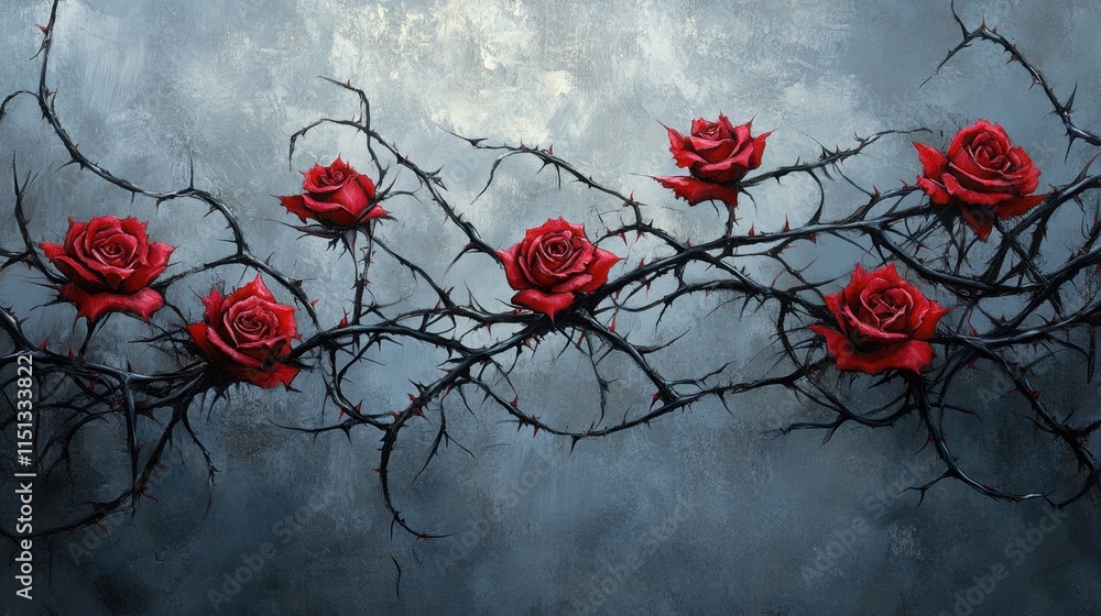 A dark vine with sharp thorns and delicate red roses, set on a textured gray background. A dark vine with sharp thorns and delicate red roses, set on a textured gray background.