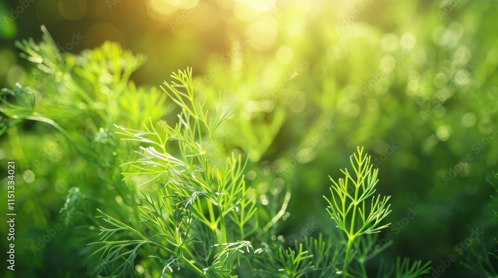 Fresh green dill herb leaves growing in garden, closeup view Fresh green dill herb leaves growing in garden, closeup view