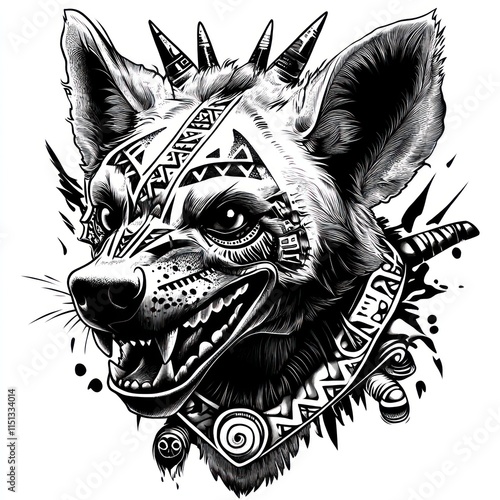 A fierce stylized hyena portrait with tribal markings photo