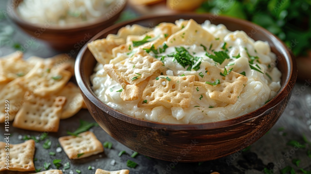 Bowl of tasty rice pudding with crackers on table, closeup Bowl of tasty rice pudding with crackers on table, closeup