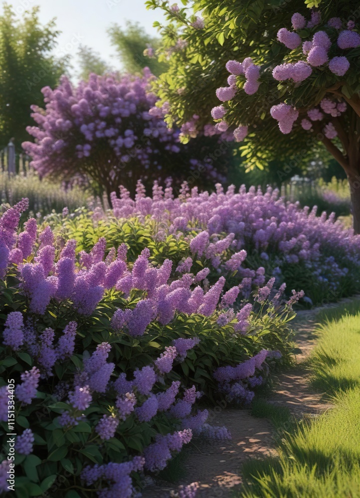 Obraz premium A garden bed filled with lilac bushes in full bloom, garden delights, lilac bushes, flowering shrubs