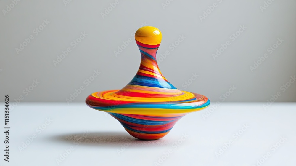 A classic spinning top with vibrant colors resting on a white tabletop. A classic spinning top with vibrant colors resting on a white tabletop.
