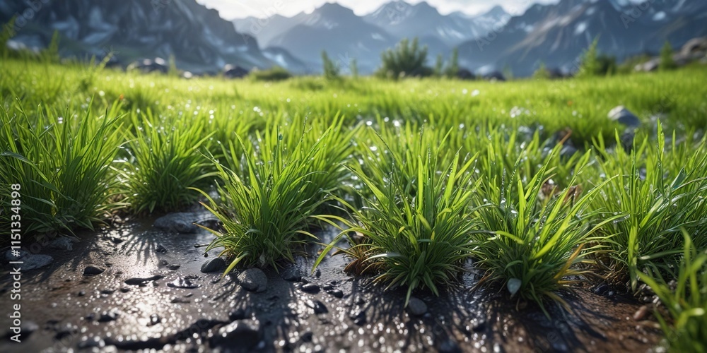 Alpine grass heavy with moisture after a spring shower, foliage, alpine grass heavy with dew closeup
