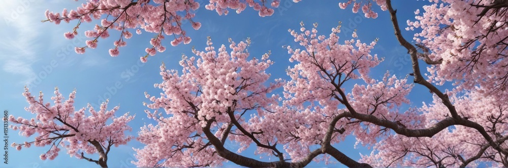 A majestic cherry tree with abundant vibrant pink and white cherry blossoms against a clear blue sky, cherry blossoms, white blossoms, serene landscape A majestic cherry tree with abundant vibrant pink and white cherry blossoms against a clear blue sky, cherry blossoms, white blossoms, serene landscape