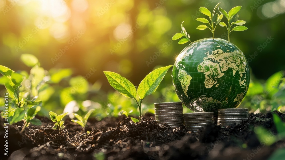 Sustainable Growth Concept with Globe and Plants on Soil with Stacked Coins in Sunlight Sustainable Growth Concept with Globe and Plants on Soil with Stacked Coins in Sunlight