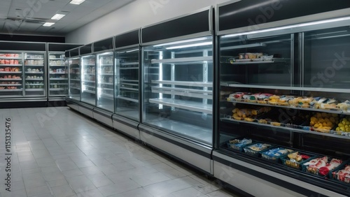Refrigerated display cases in a supermarket aisle are almost empty, suggesting food shortages and supply chain disruptions