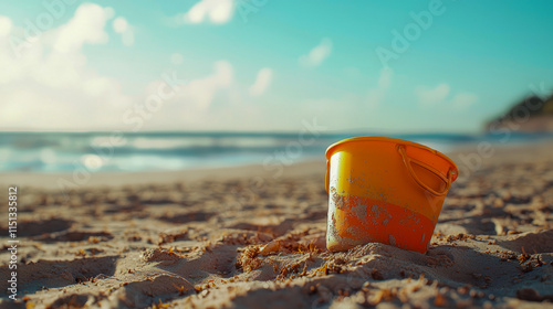 Yellow sand pail on sunlit beach with ocean waves in the background photo