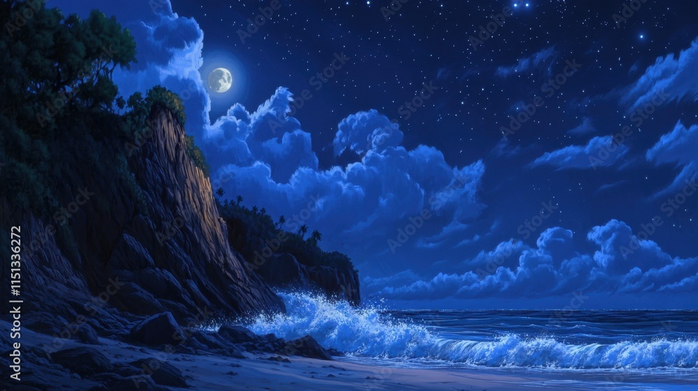 A dramatic cliffside bathed in moonlight, waves crashing below under a starry night sky. A dramatic cliffside bathed in moonlight, waves crashing below under a starry night sky.