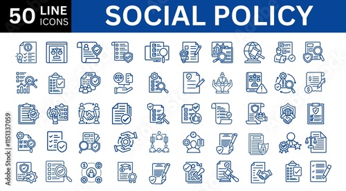 Social Policy line icons set. family, healthcare, government, education, finance, protection etc. Editable stroke