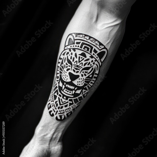 A stylized jaguar head tattoo adorns a muscular forearm