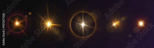 Glint and glare lighting effect set - bright sun bursts with golden radiant rays, shining star flares, circular luminous halos on transparent background. Sparkle overlays and optical highlights.