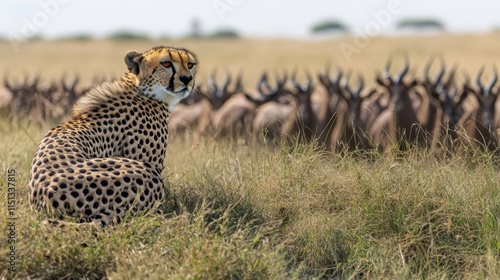 A cheetah watches a herd.