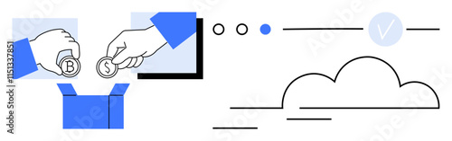 Hands placing cryptocurrency coins, labeled B and S, into a blue box. Background includes cloud shape and digital elements. Ideal for finance, technology, cloud computing, crypto, investment digital
