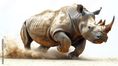 Powerful white rhinoceros charging, dust flying, isolated on white background.
