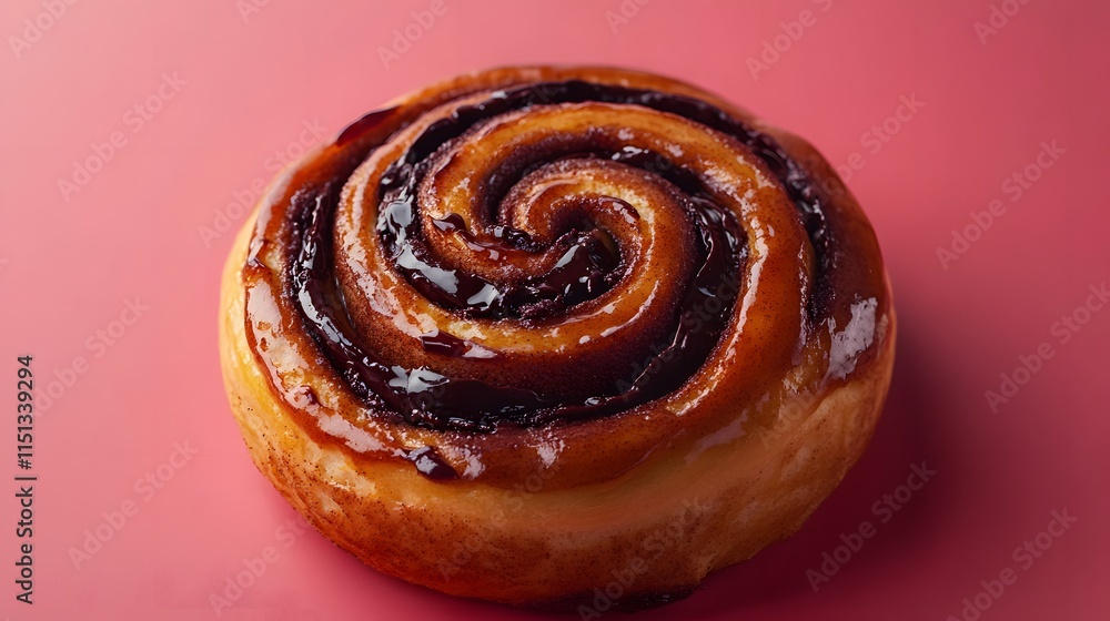Fototapeta premium Cinnamon roll with chocolate inside the bun isolated on a red pink background