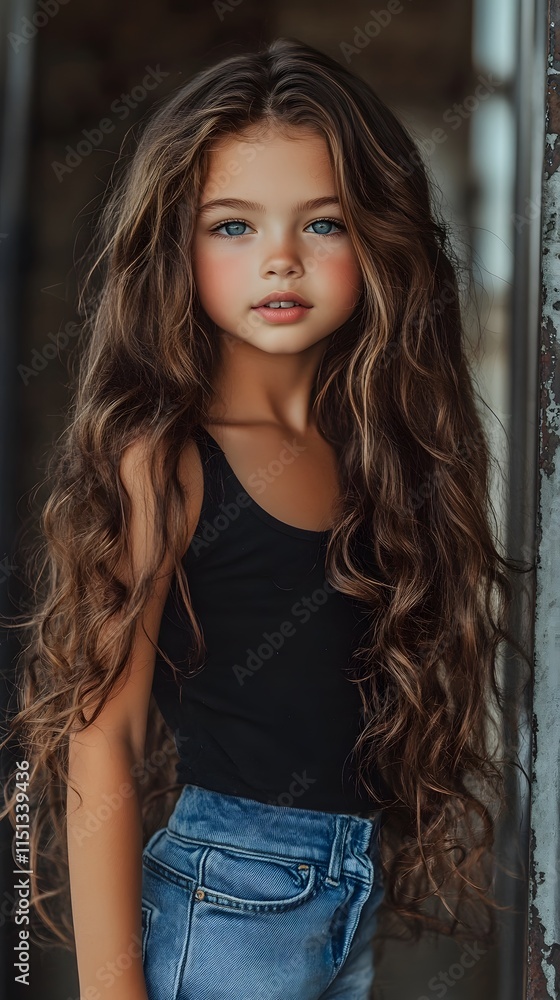 Fototapeta premium a happy girl with long curling hair posing for a magazine