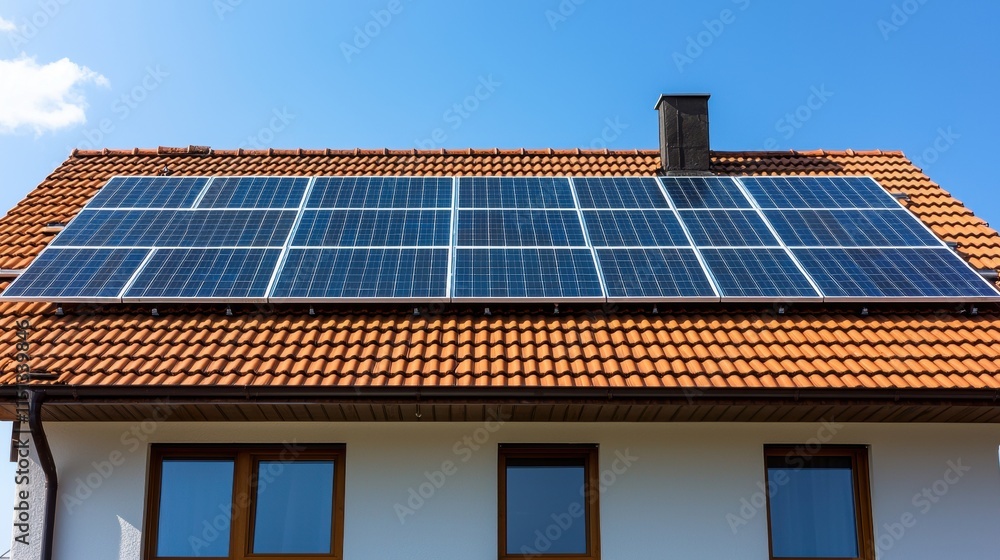 Solar Panels on Modern House Roof with Red Tiles and Clear Blue Sky for Sustainable Energy Solutions