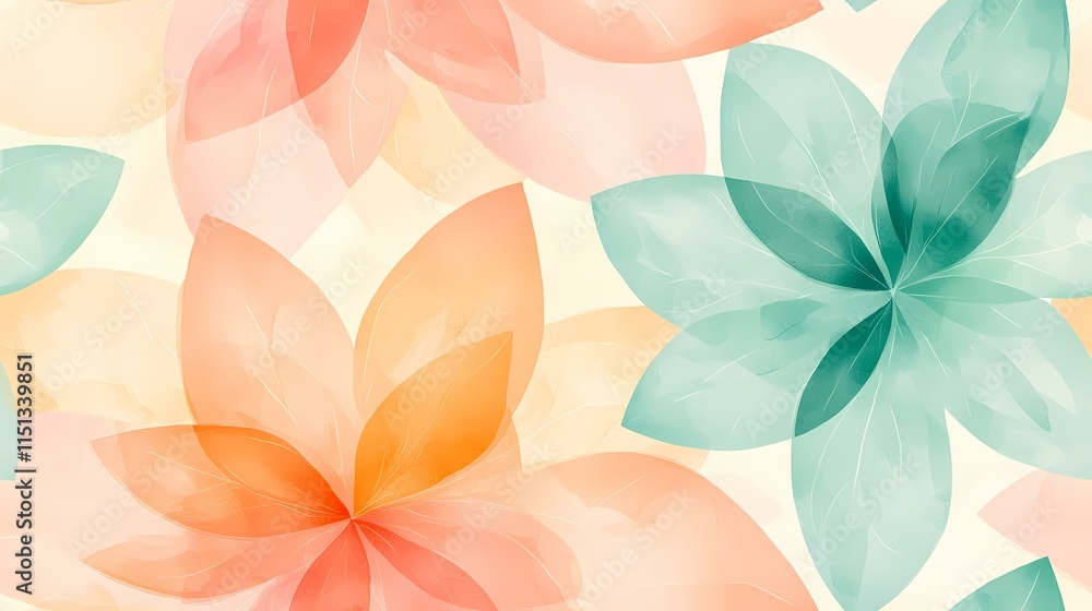 The image contains a seamless pattern of stylized flowers in pastel shades of orange, peach, and mint green. The flowers are rendered with a watercolor-like effect, creating a soft and dreamy aesthe The image contains a seamless pattern of stylized flowers in pastel shades of orange, peach, and mint green. The flowers are rendered with a watercolor-like effect, creating a soft and dreamy aesthe