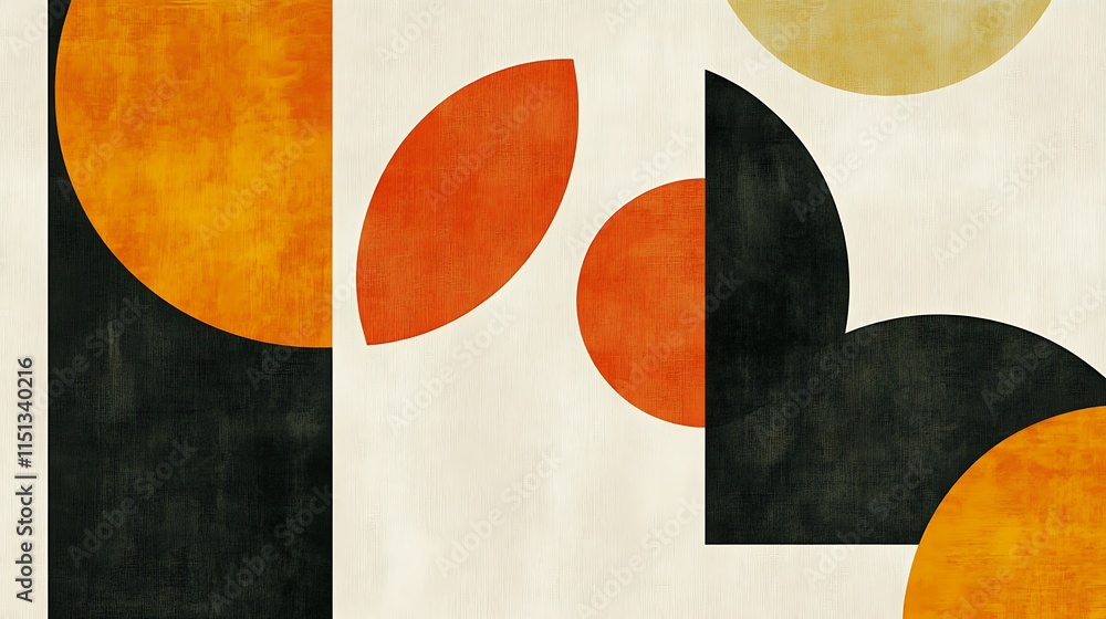 Abstract geometric shapes in orange, red, and black colors on a cream background. Abstract geometric shapes in orange, red, and black colors on a cream background.