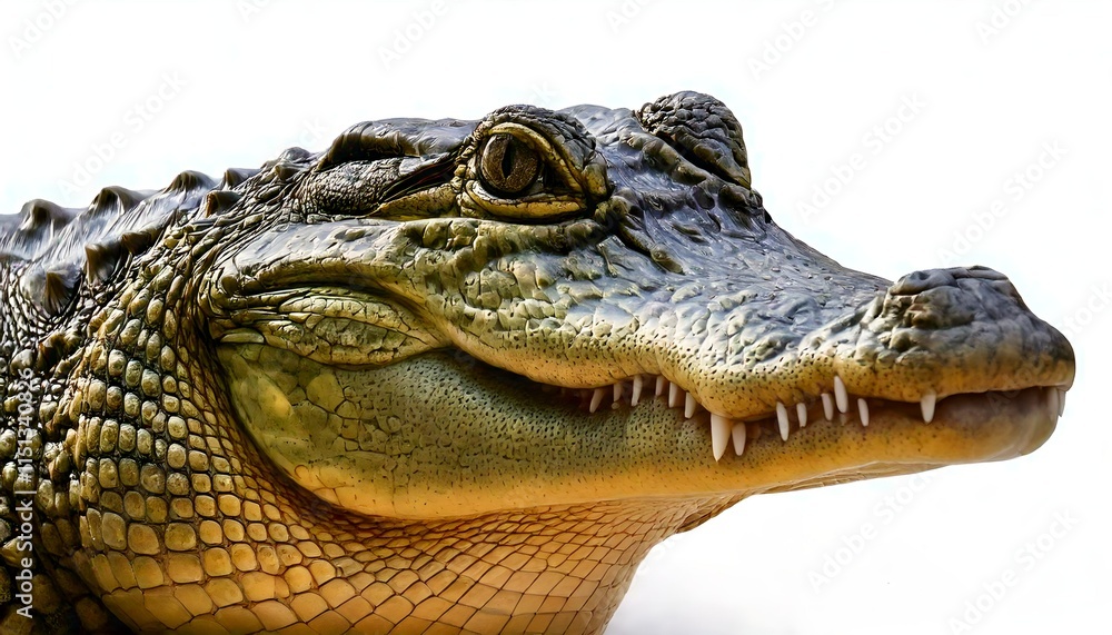 Obraz premium A crocodile smiling for the camera, isolated over a white background, showcasing its powerful jaws and fierce expression, symbolizing strength and dominance