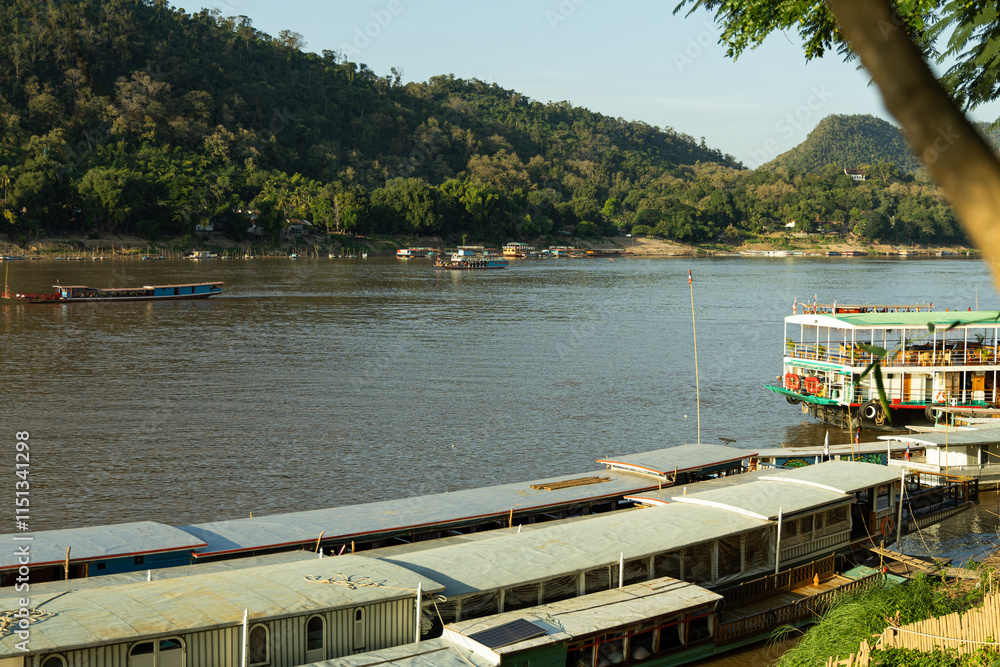 Naklejka premium boats on the river at Luang Prabang Lao P.D.R