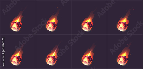 Burning asteroid animation sequence - blazing space rock with orange fire tail and glowing flames in eight frames on dark cosmic background. Sprite sheet for game development or space motion graphic.