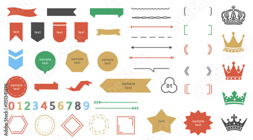 set of new year illustration icon, frame, crown, and ribbon design set open path available, editable vector